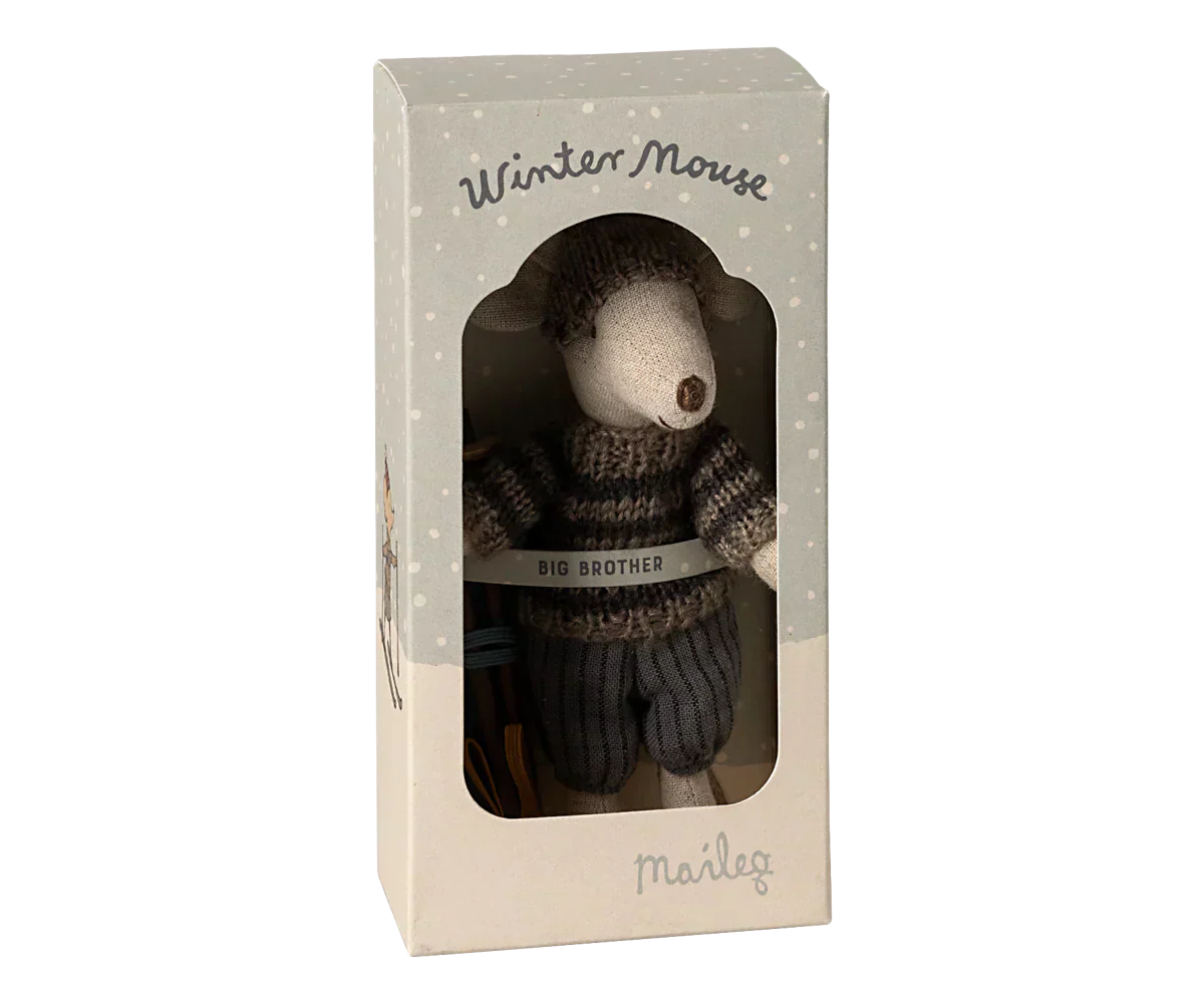 Maileg Winter mouse with ski set, Big brother - Grey