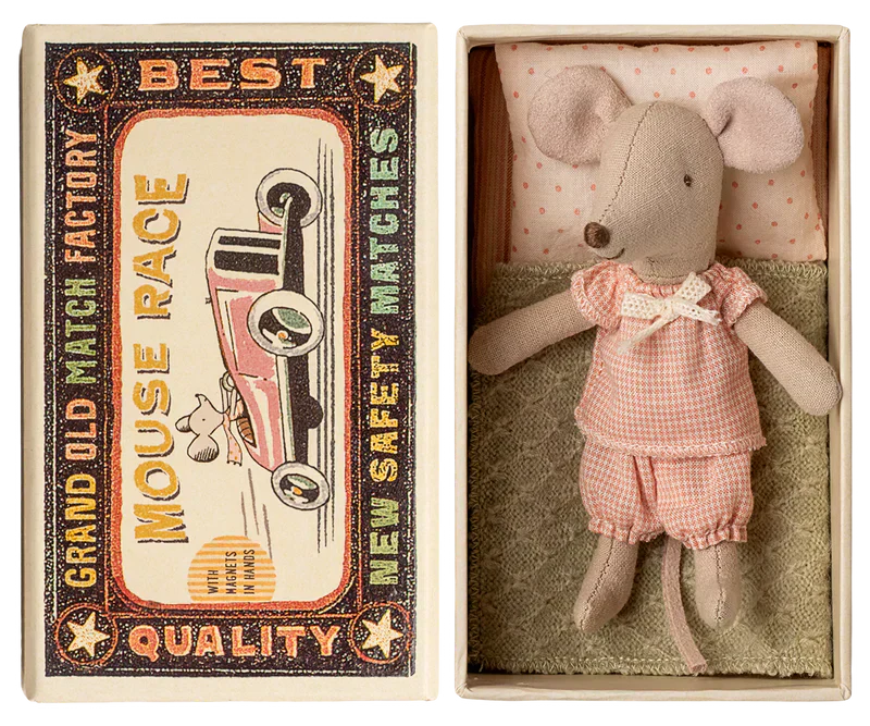 Maileg Princess Mouse, Little sister in Matchbox - Gingham Set